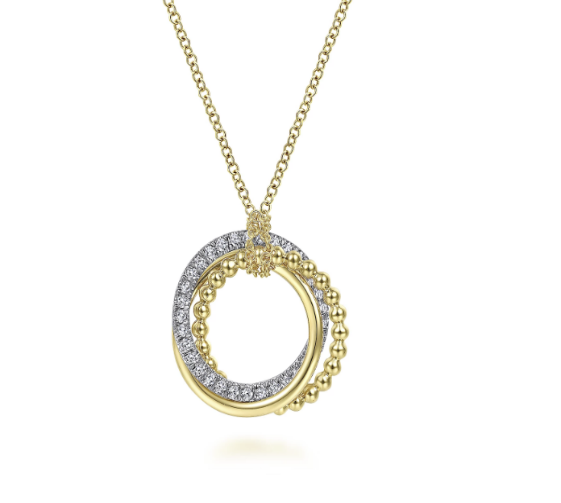 Gabriel &amp; Co 4K Yellow-White Gold Interlocking Circles Pendant Necklace with Diamond Pavé in Garner, NC