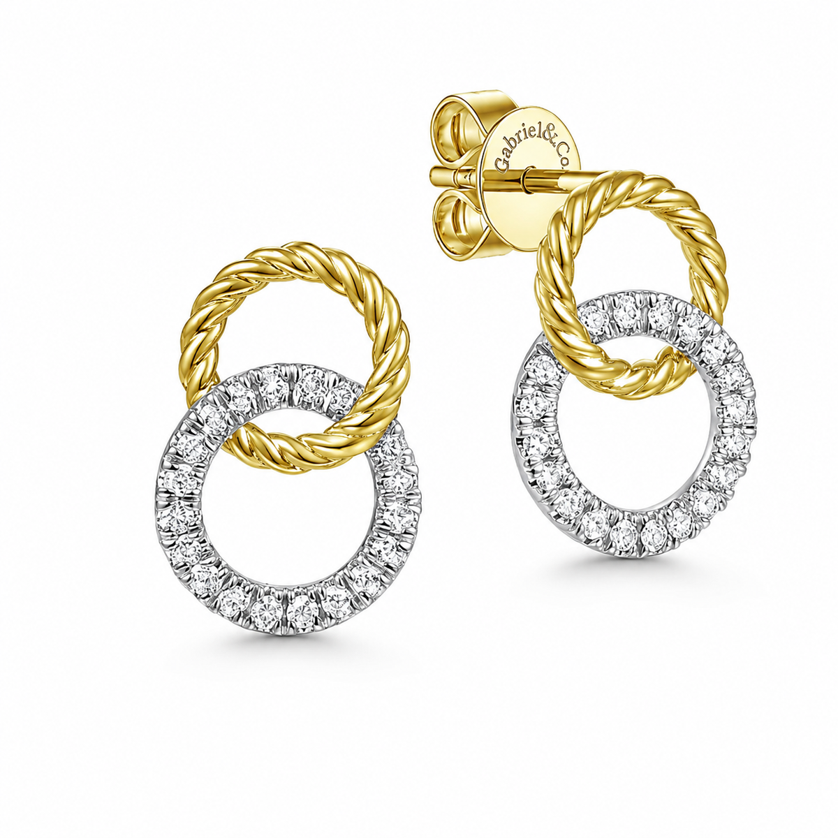 Gabriel & Co 14K Yellow-White Gold Open Circle Twisted Rope and Diamond Stud Earrings