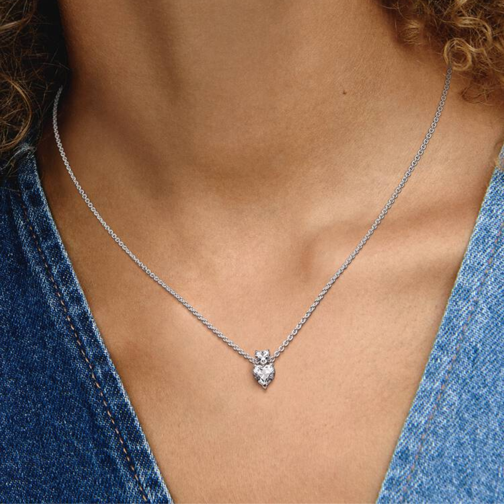 Pandora Double Heart Pendant Sparkling Collier Necklace