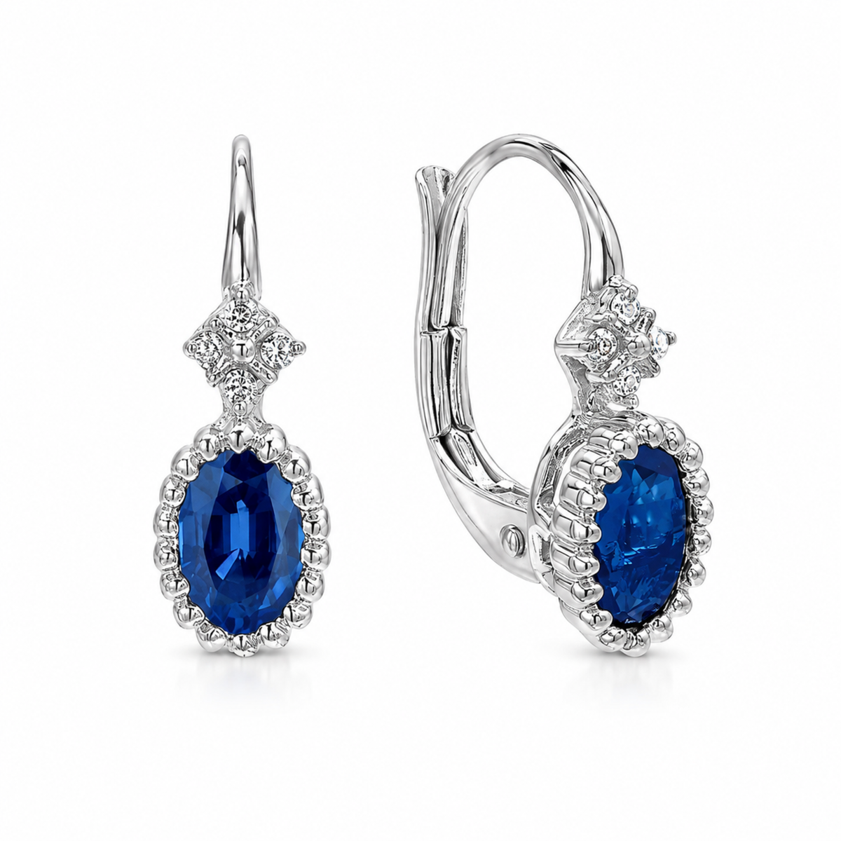 14k White Gold Beaded Oval Sapphire & Diamond Drop