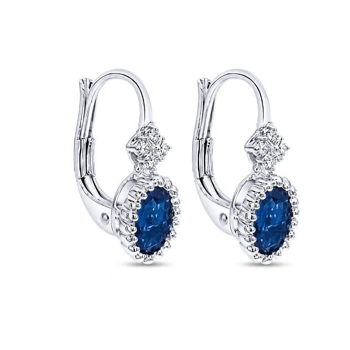 14k White Gold Beaded Oval Sapphire & Diamond Drop