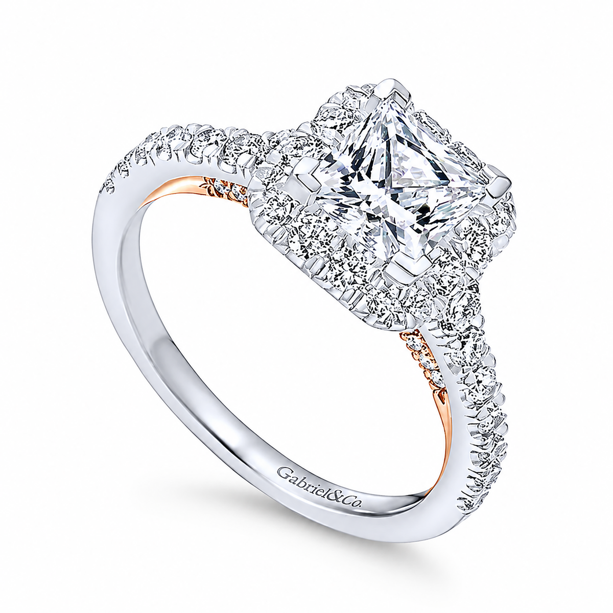 14k White/Rose Gold Princess Cut Halo