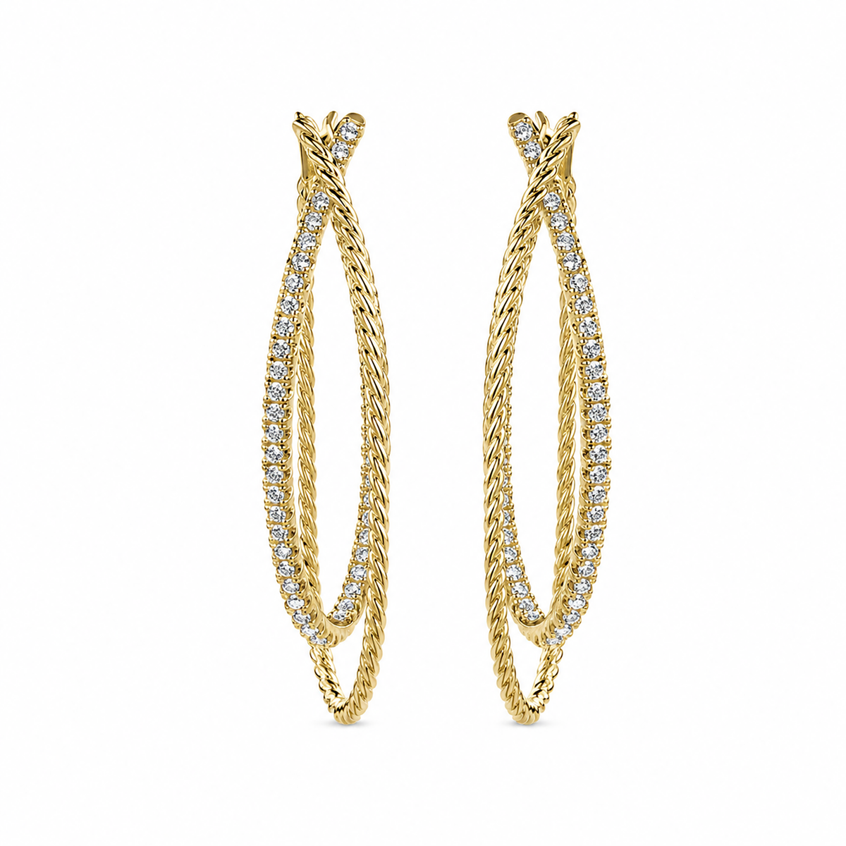 14k Yellow Gold Intricate Twisted Diamond Double Hoop