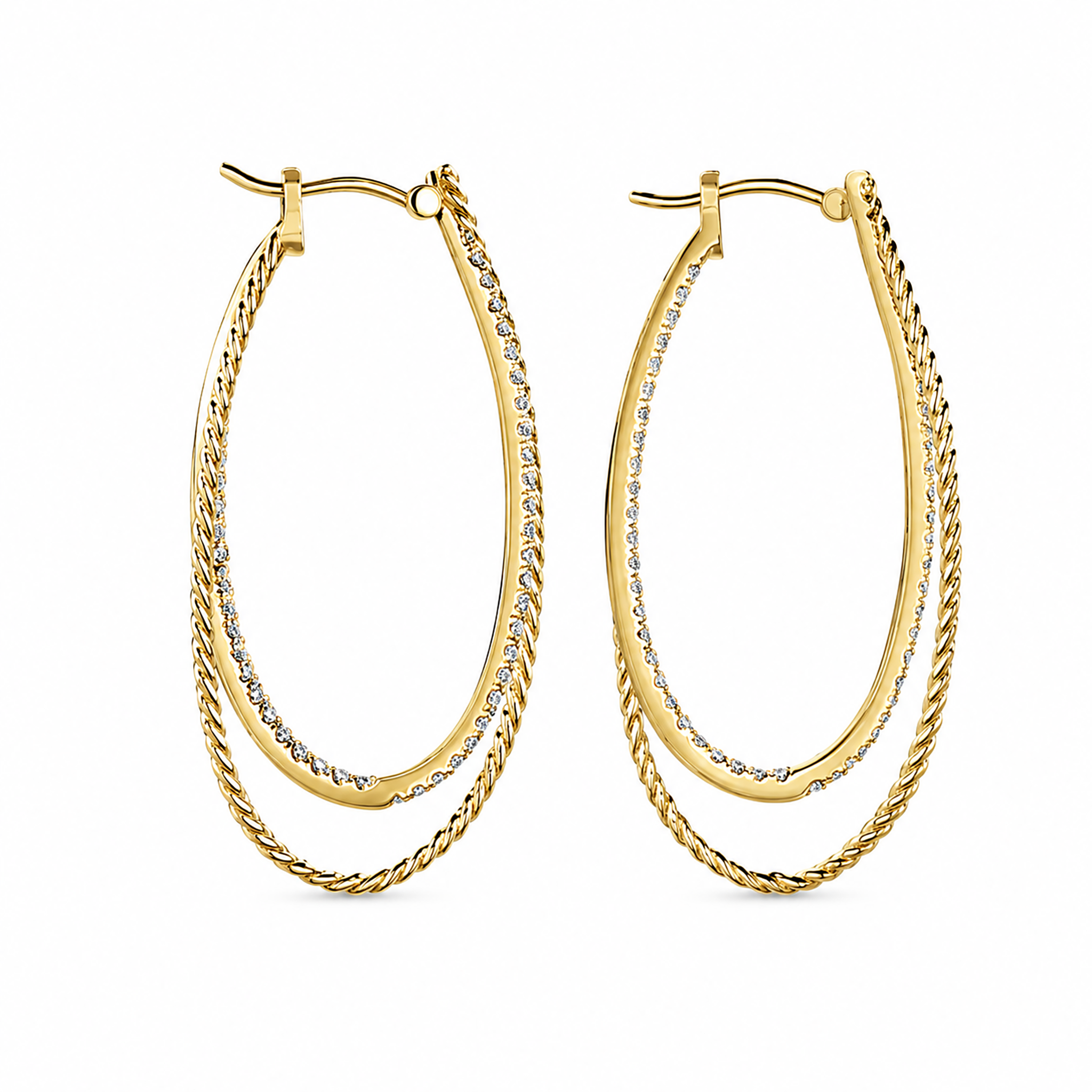14k Yellow Gold Intricate Twisted Diamond Double Hoop