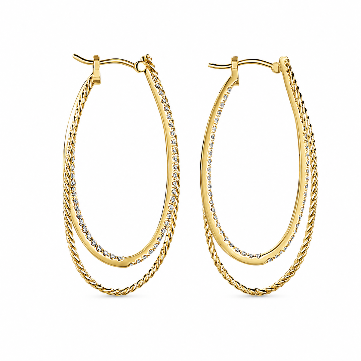 14k Yellow Gold Intricate Twisted Diamond Double Hoop