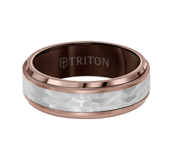 7MM Espresso Tungsten Carbide Ring - Hammered Center and Step Edge