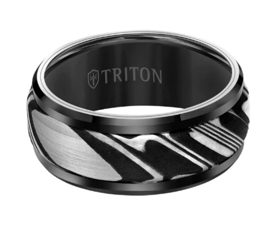 8MM Tungsten Carbide Ring - Damascus Steel with Bevel Edge