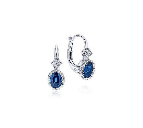 14k White Gold Beaded Oval Sapphire &amp; Diamond Drop